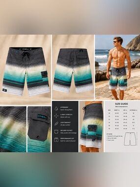 O'Neill Men's Gray Teal Gradient Stripe Board Shorts